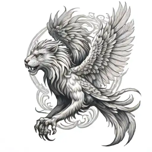 A Pheonix Flying Behind A Lion