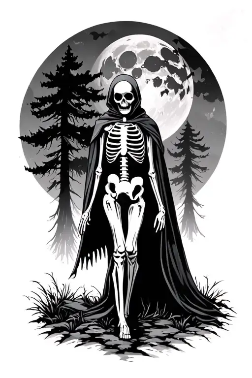 Shadowy Cloaked Skeletal Figure Walking Through Dark Forest With Moon In Background