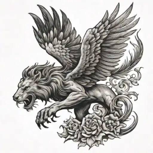 A Pheonix Flying Behind A Lion