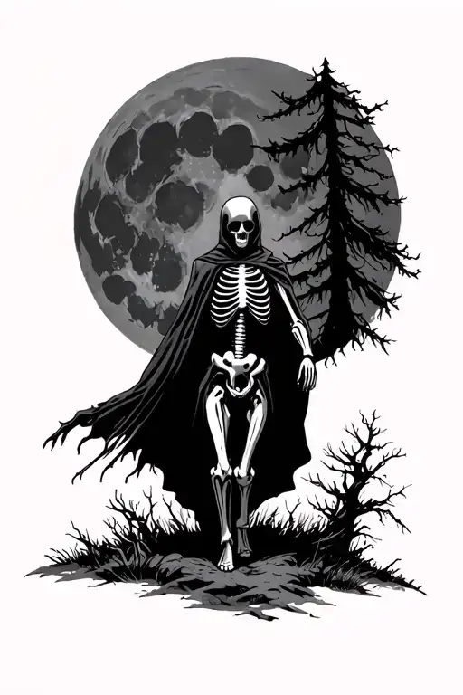 Creepy Dark Shadowy Cloaked Skeletal Figure Walking Through Dark Forest With Moon In Background