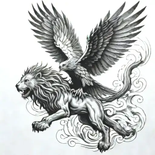 A Pheonix Flying Behind A Lion