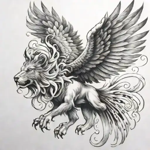 A Pheonix Flying Behind A Lion