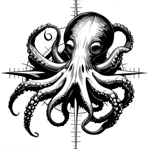 Octopus With 8 Legs Compass In Background Black And White