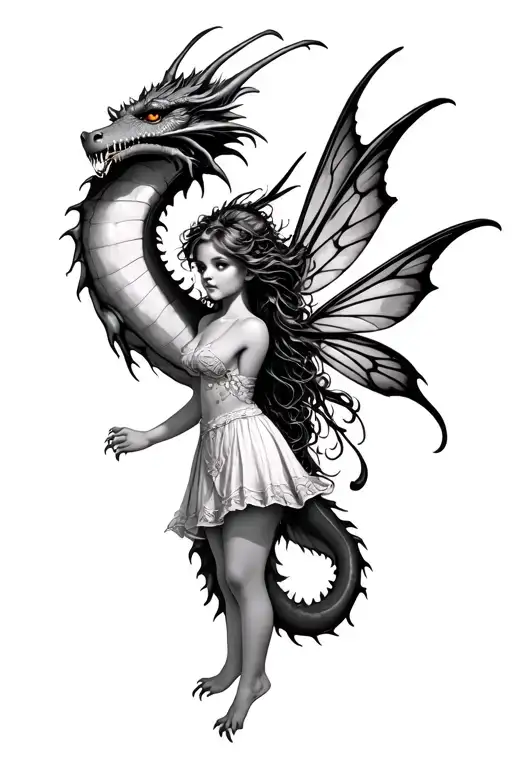 Small Fairy With Dragon Flying Away