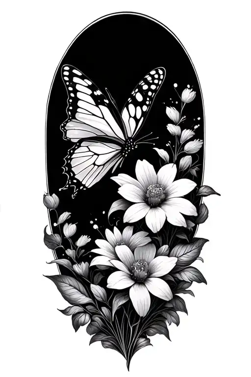 Fine Line Tattoo Flower And Butterfly Flying