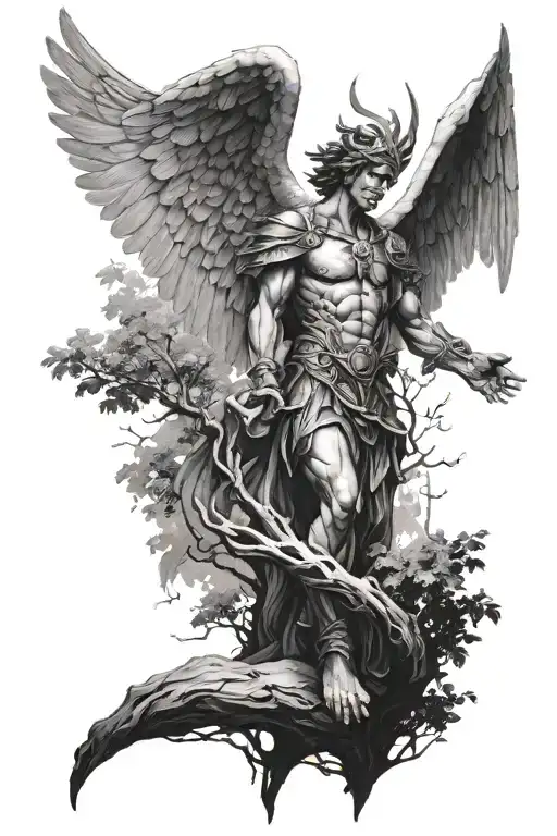 Forearm Archangel Tatoo With Tree In Background