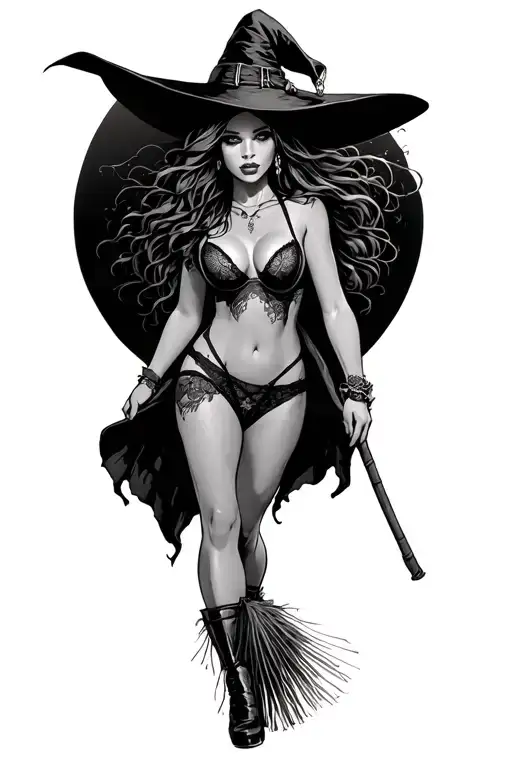 Sexy Witch Walking With Broom Stick Wearing Lingerie
