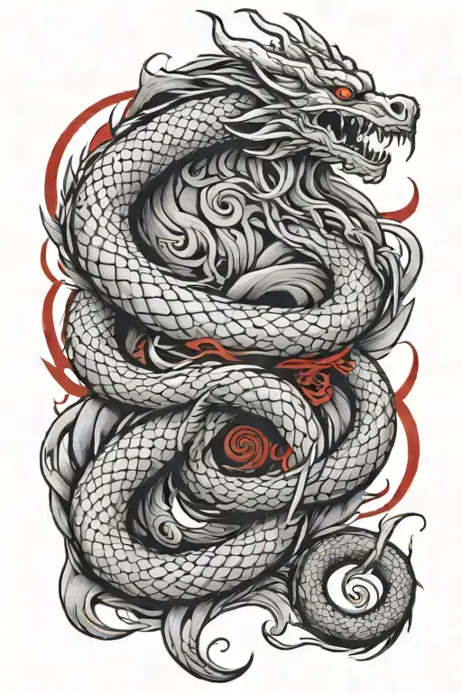 A Black And White Dragon With Snake Body Shape For My Back With Red Line Line In His Body