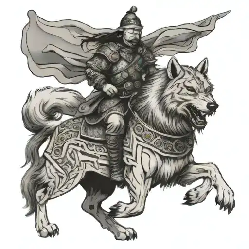 Traditional Buryat Warrior Riding A Wolf Into Battle