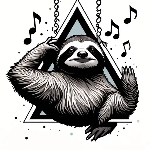 A Geometric Sloth Hanging Within A Triangle With Music Notes Around It