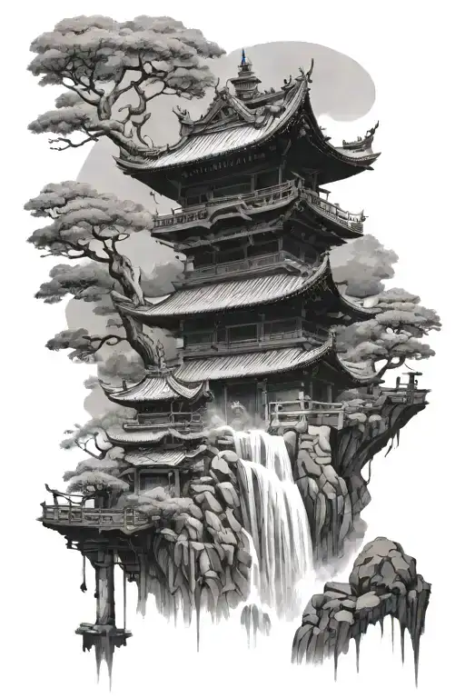 Pagoda Temple With Waterfalls And Samurai Sword Going
