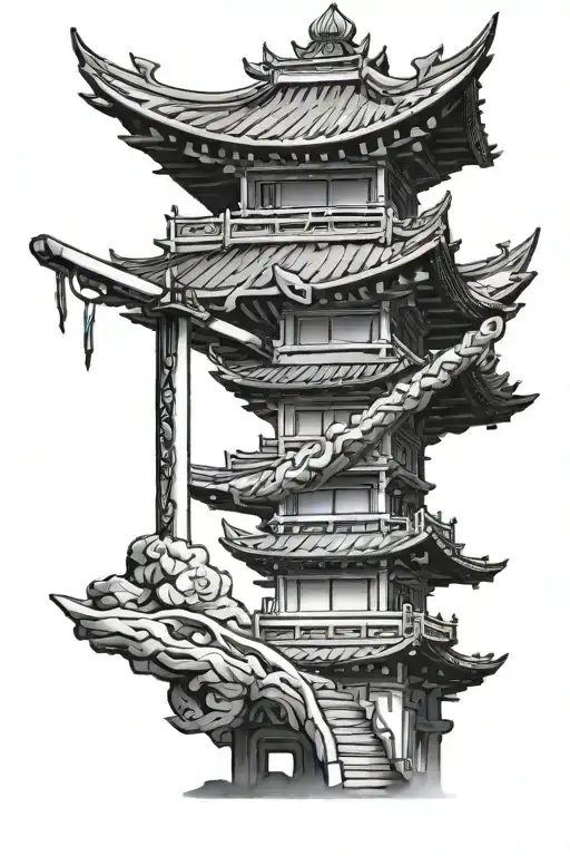 Pagoda Temple With Samurai Sword