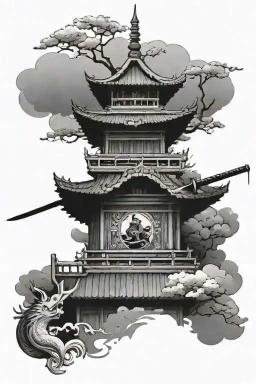 Pagoda Temple With Samurai Sword
