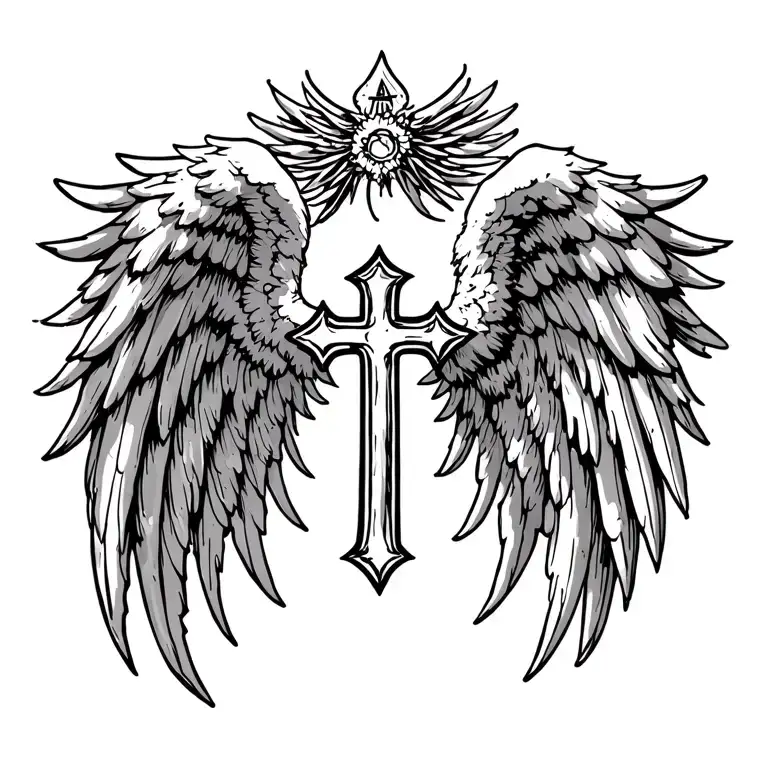 Angel Wings Spread Out Across Upper Back With A Cross In The Middle
