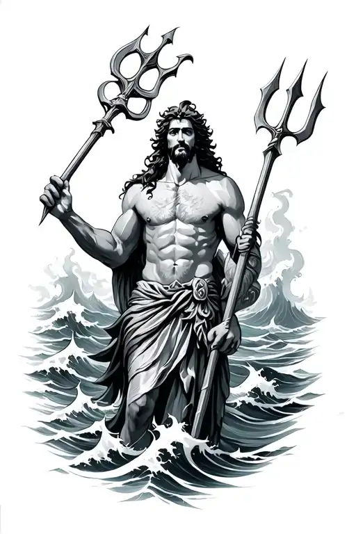 Poseidon God With Trident Surrounded By Rough Ocean Waves