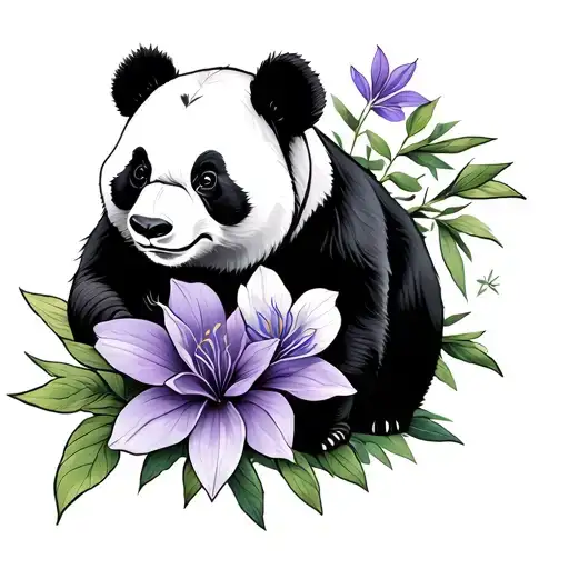 Panda Bear Bamboo Violet Flower Intertwined