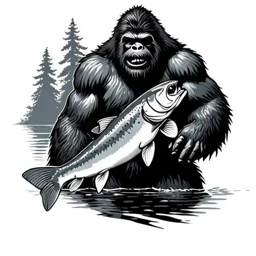 Bigfoot With A Massive Trout White And Black Tattoo Stencil