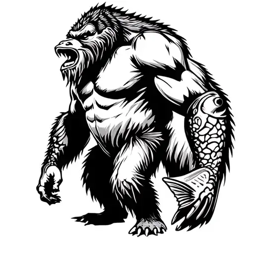 Bigfoot With A Massive Trout White And Black Simple Tattoo Stencil