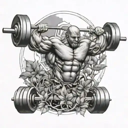 A Tattoo Design Of A Bodybuilder Lifting Weights With Nature Elements Intertwined In The Background