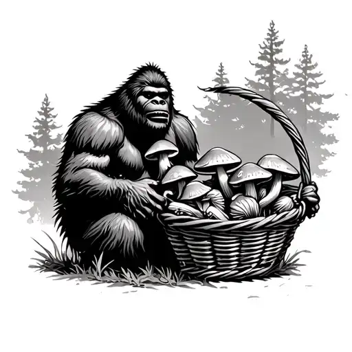 Bigfoot Collecting Mushrooms In A Basket