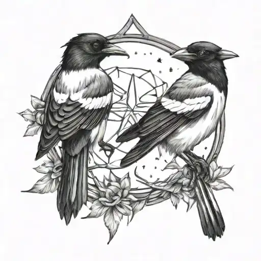 2 Magpies Surrounding A Star