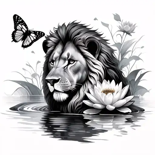 Lion With Water Lily And Butterfly