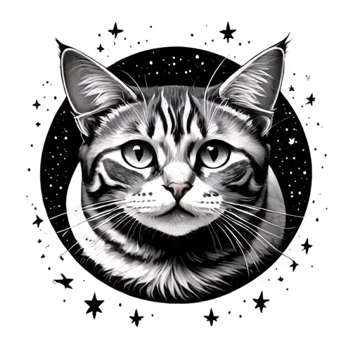 Cat And Moon Surrounded By Stars