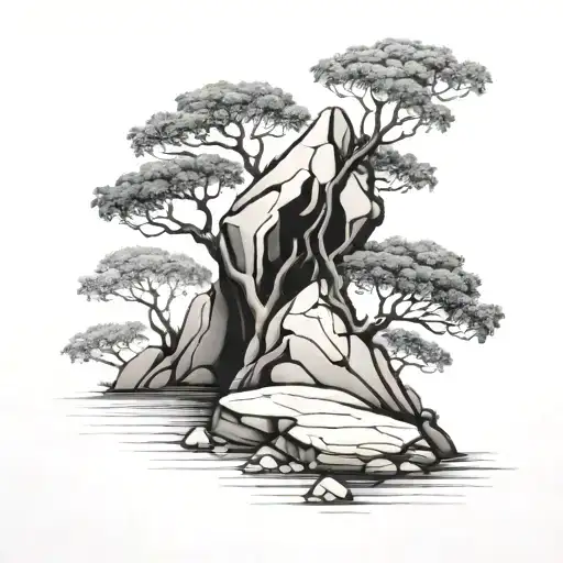 Bay Tree And A Big Rock Holding Each Other Side By Side