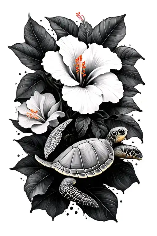Hibiscus Blooming With Sea Turtle Swimming