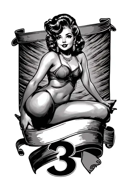 Pinup Girl Sitting On A Banner With The Number Three On The Banner