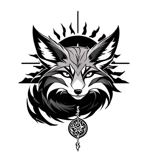 Nine Tailed Fox With A Talisman And Fox Mask In Front Of A Setting Sun