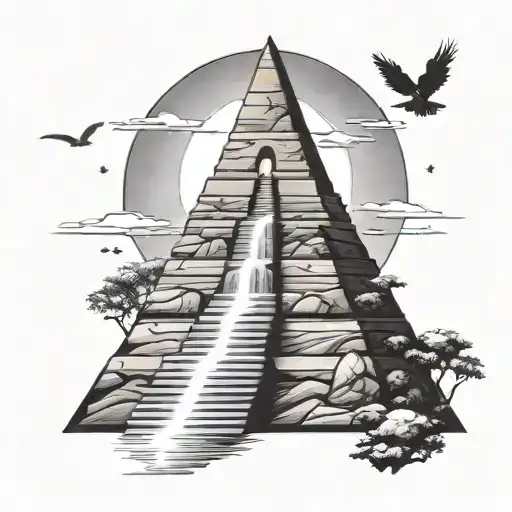 Pyramid Staircase Leading Towards He Word Solitude With Birds And Trees And A Waterfall And Suns