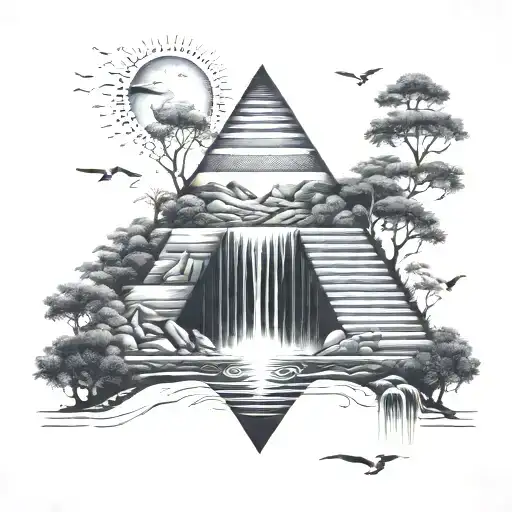 Pyramid Staircase Leading Towards He Word Solitude With Birds And Trees And A Waterfall And Suns