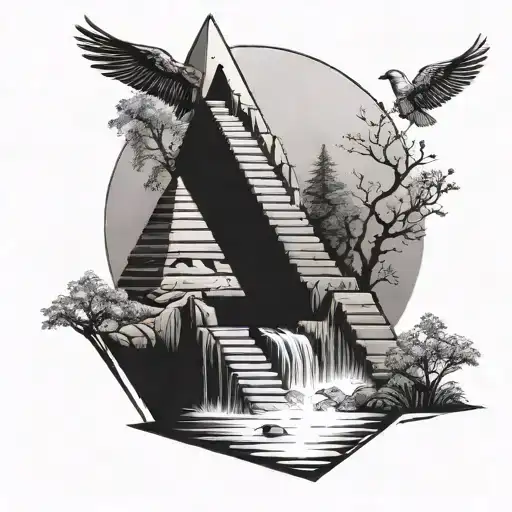 Pyramid Staircase Leading Towards He Word Solitude With Birds And Trees And A Waterfall And Suns
