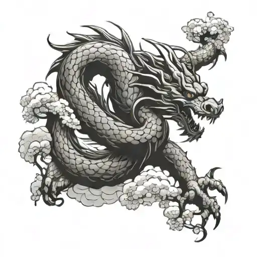 A Fierce Dragon Coiled Around A Sakura Tree With A Cloudy Sky Background