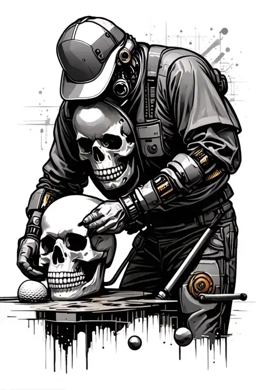 A Maintenance Worker Fixing A Robotic Skull Golfer On A Steampunk Background