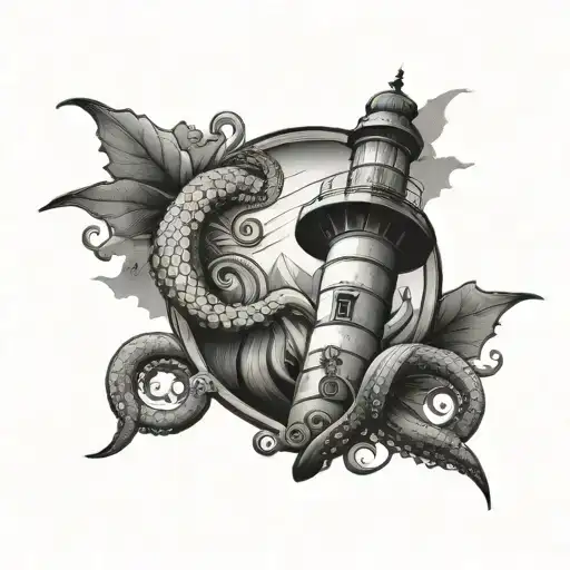 Light House With Hour Glass And Octopus Wrapped