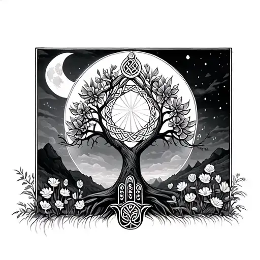 A Celtic Knot Tree Of Life In The Middle With The Moon Above And A Hamsa Hand With Wildflowers Below