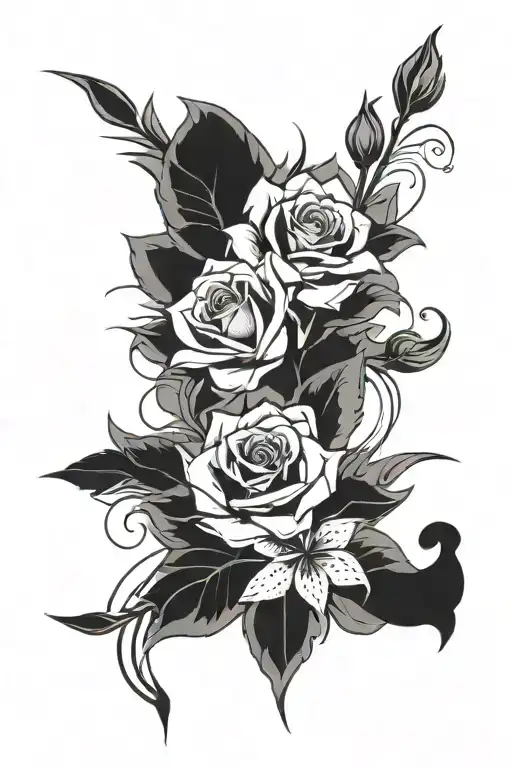 Sharp Roses Around A Lily Symbole Bloming Flowers Divided