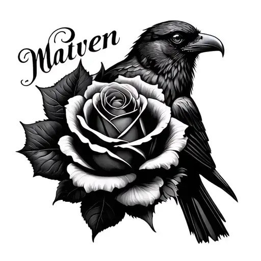 Rose With Name Raven Perched On Top
