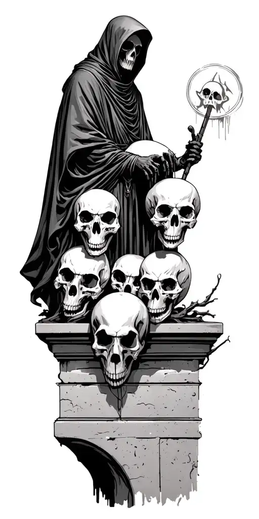 Grim Reaper Standing Over Animal Skulls On Top Of A Ledge