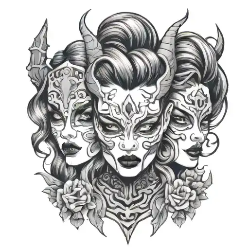 3 Faces Of A Beautiful Girl Demon In A Mask