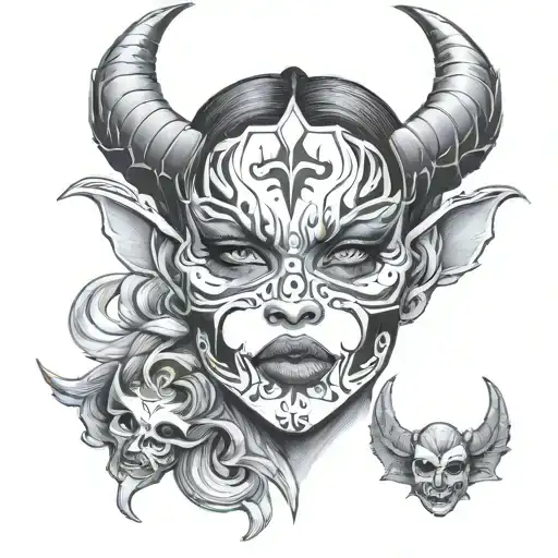 3 Different Parts Of The Face Of A Demon Girl In A Mask