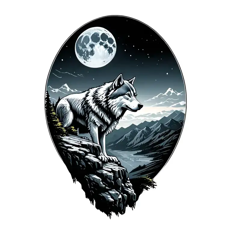 Wolf On The Edge Of A Cliff Overlooking Mountains And A Blue Moon