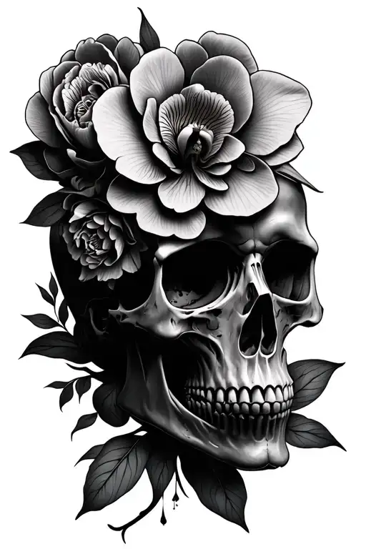 Orchid And Peony Flower Intertwined In A Skull