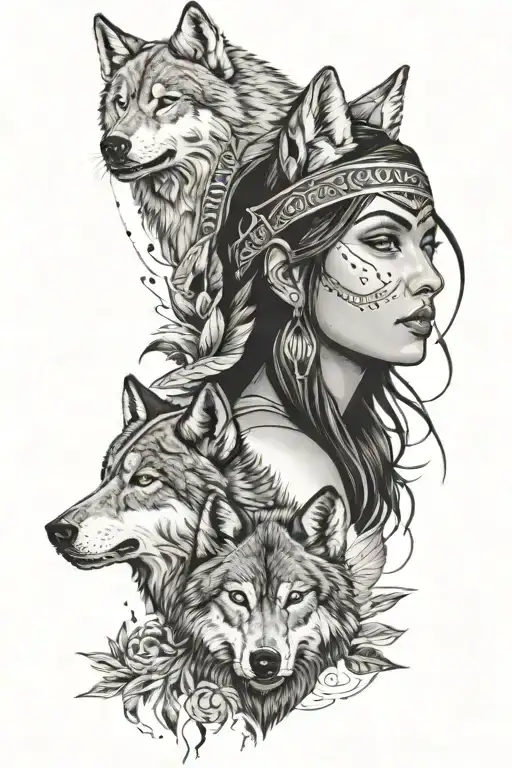 Indian Girl In Foreground Wolf In Background