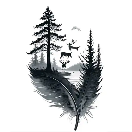 Band In The Shape Of A Feather With Trees Lake Fish And Deer
