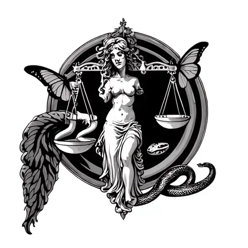 Lady Justice But Half Dead And A Butterfly And Snake Below It With The Justice Scale