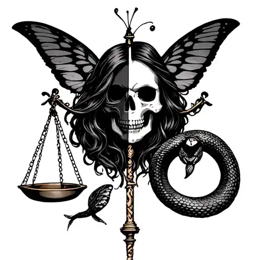 Lady Justice But Half Skull Face And A Butterfly And Snake Below It With The Justice Scale