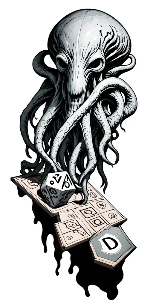 Cthulhu Rising Up From A Board Game Map Holding A D20 Dice